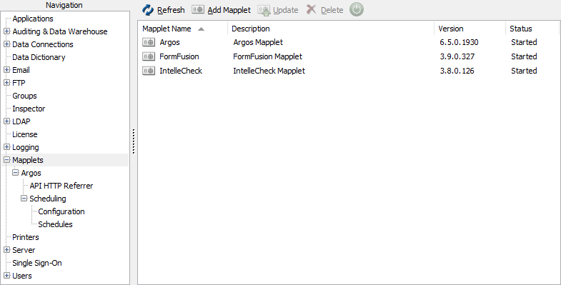 The Mapplets screen lists the name and description of each mapplet, the currently installed version, and whether or not it is currently running.